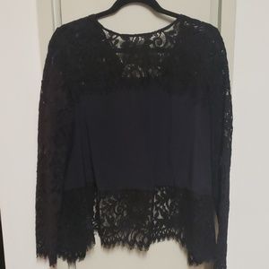 Elegant black lace and Navy silk top from Intermix